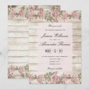 Rustic Roses On Wood Wedding Ceremony Invitation