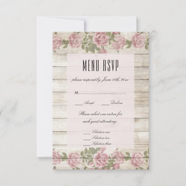 Rustic Roses On Wood Wedding Menu RSVP (Front)