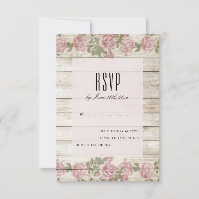 Rustic Roses On Wood Wedding RSVP Card (Front)