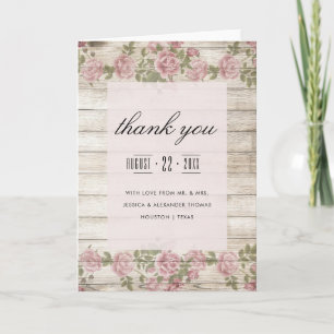Rustic Roses On Wood Wedding Thank You Card