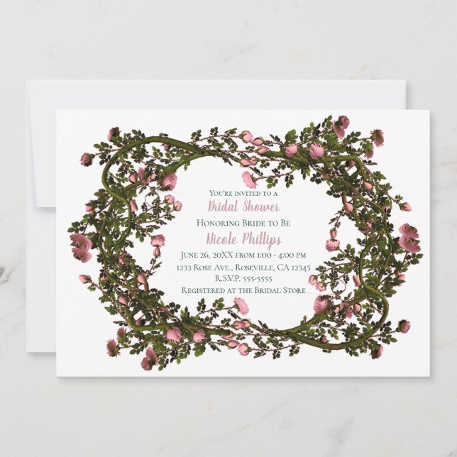 Rustic Roses Pink Rose Floral Botanical Vine Invitation (Front)