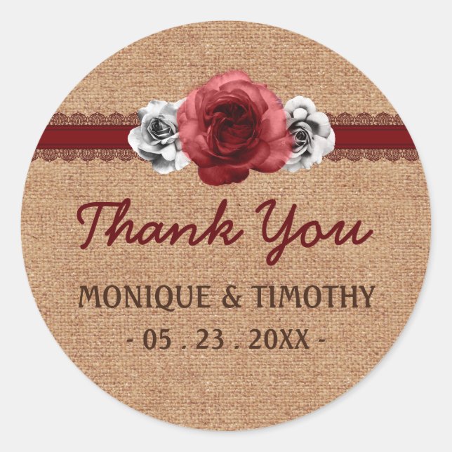 Rustic Roses Red Lace Wedding Thank You Sticker (Front)