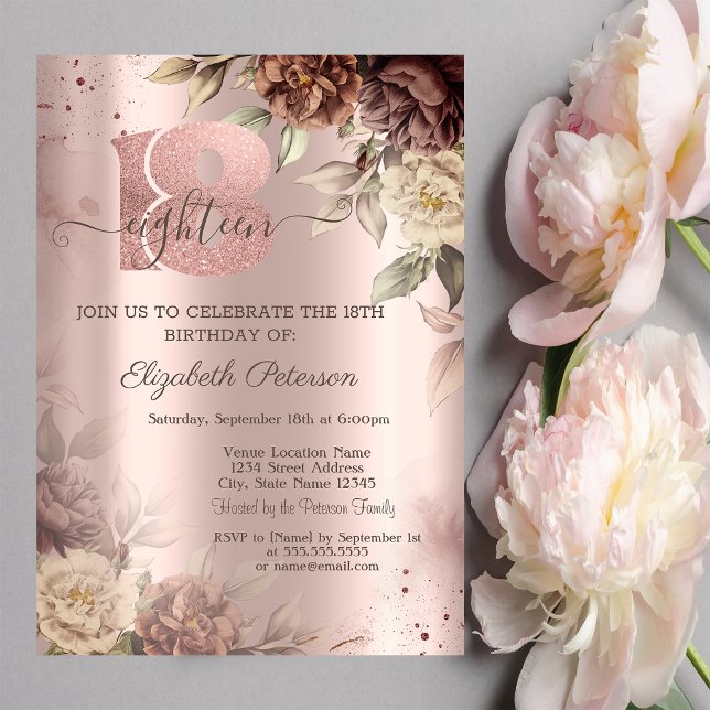 Rustic Roses Rose Gold 18th Birthday Invitation (Creator Uploaded)