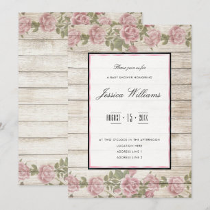 Rustic Roses & Wood Framed Baby Shower Invitation