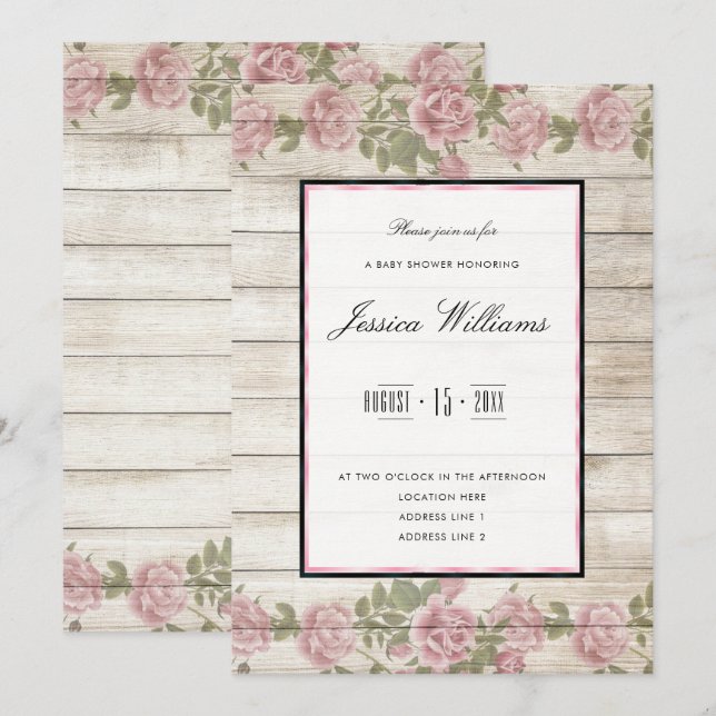 Rustic Roses & Wood Framed Baby Shower Invitation (Front/Back)