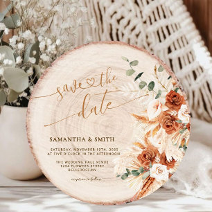Rustic Round Wood Cut Grain Save the Date Card