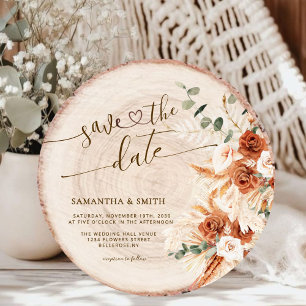 Rustic Round Wood Cut Grain Save the Date Card