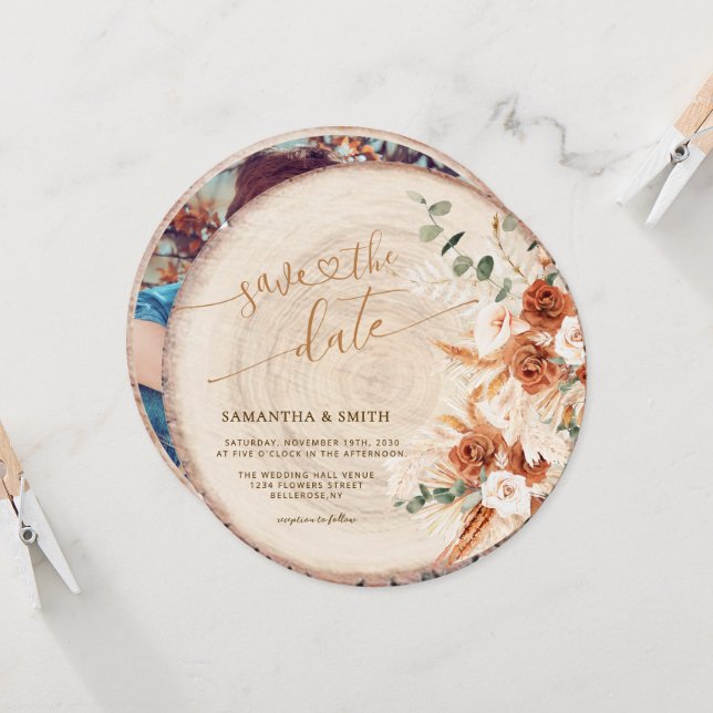 Rustic Round Wood Cut Grain Save the Date Card (Front/Back In Situ)