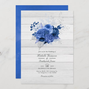Rustic Royal Blue & Silver Floral QR Code Wedding Invitation