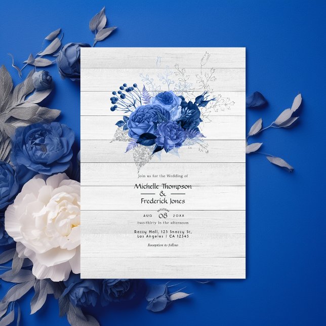 Rustic Royal Blue & Silver Floral Wedding Invitation (Creator Uploaded)