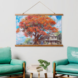 Rustic Royal Poinciana Tree in Bloom Watercolor Hanging Tapestry