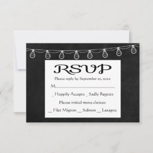 Rustic RSVP Chalkboard Black White Lights Wedding Card