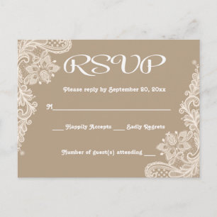 Rustic RSVP Floral Lace Brown & White Lacy Tan Invitation Postcard