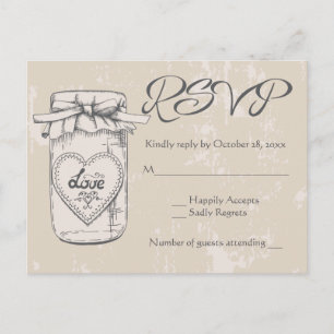 Rustic RSVP Mason Jar Hearts Brown Tan Wedding Invitation Postcard