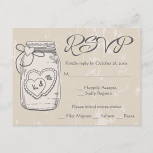 Rustic RSVP Mason Jar Hearts Brown Tan Wedding Invitation Postcard