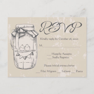 Rustic RSVP Mason Jars Lovebirds Tan Brown Wedding Invitation Postcard