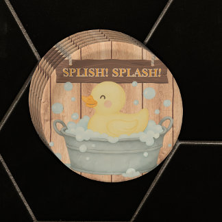 Rustic Rubber Ducky Bubbles Baby Shower Paper Plate