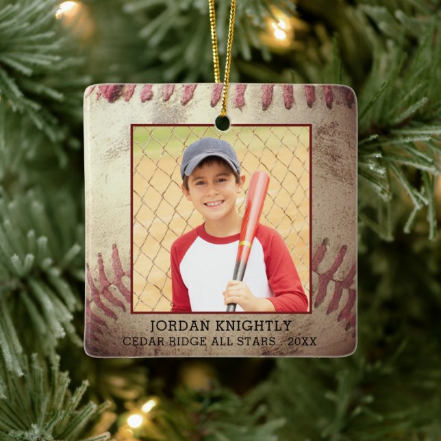 Rustic Rugged Baseball 1 or 2 Photo Personalised Ceramic Ornament (Tree)