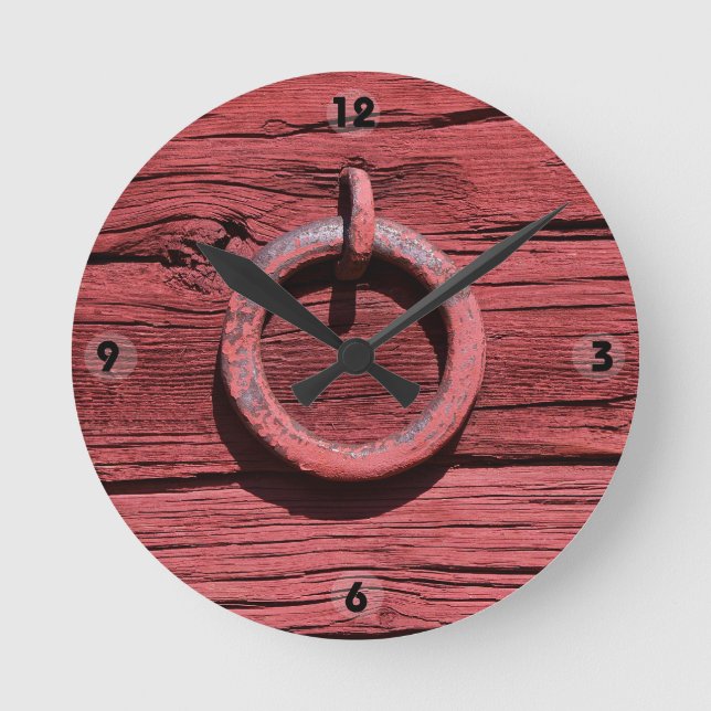 Rustic Rural Red Wood Wall Iron Ring Clock (Front)