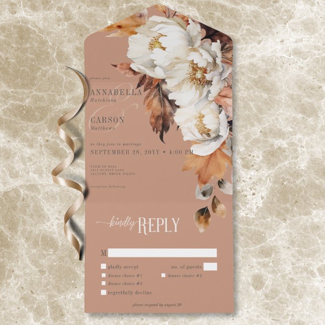 Rustic Rust & Cream Fall Floral & Leaves Dinner All In One Invitation (Rustic Rust & Cream Fall Floral & Leaves Dinner All In One Invitation)