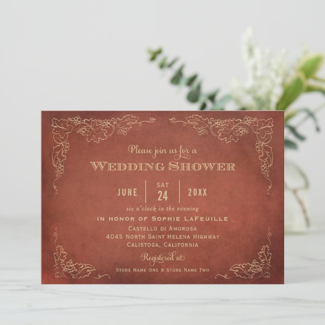 Rustic Rust Orange Red Vineyard Wedding Shower Invitation (Standing Front)