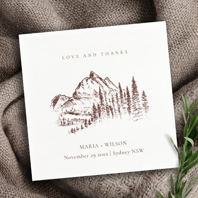 Rustic Rust Pine Woods Mountain Sketch Wedding Napkin (Creator Uploaded)