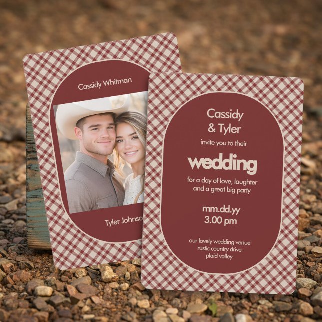 Rustic Rust Red Plaid Photo Country Wedding Invitation (Photo wedding invitation from the Rustic Red Plaid Western Wedding Suite by Darling & May)