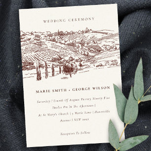 Rustic Rust Winery Mountain Sketch Wedding Invite