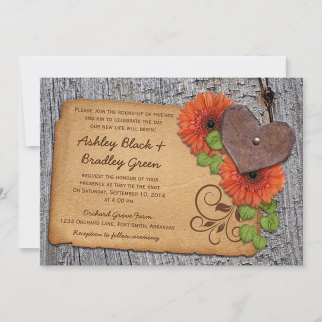 Rustic Rusty Heart Orange Daisy Country Wedding Invitation (Front)