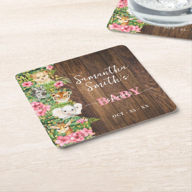Rustic Safari Animals Pink Baby Shower Party Decor Square Paper Coaster (Angled)