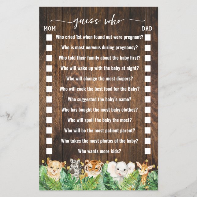 Rustic Safari Guess Who Baby Shower Game Card (Front)