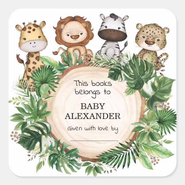 Rustic Safari Jungle Animals Books for Baby Shower Square Sticker (Front)