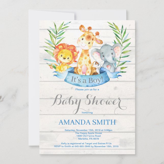Rustic Safari Jungle Animals Boy Baby Shower Invitation (Front)