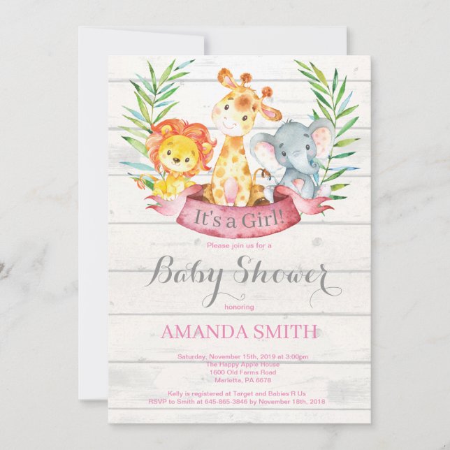 Rustic Safari Jungle Animals Girl Baby Shower Invitation (Front)