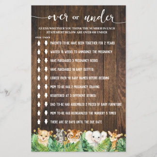 Rustic Safari Over or Under Baby Shower Game Card