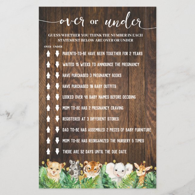 Rustic Safari Over or Under Baby Shower Game Card (Front)
