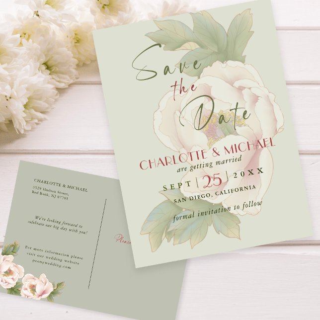 Rustic Sage and Blush Peony Wedding Save the Date Announcement Postcard (Creator Uploaded)