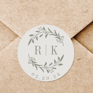 Rustic Sage Botanical Wreath Wedding Monogram Classic Round Sticker