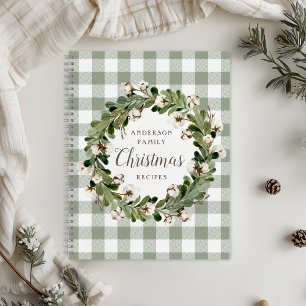Rustic Sage Cotton Wreath Christmas Family Recipe Notebook