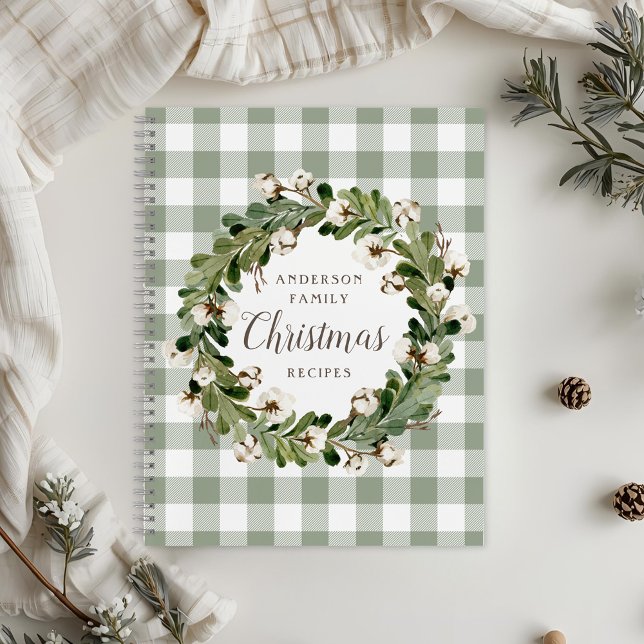 Rustic Sage Cotton Wreath Christmas Family Recipe Notebook (Creator Uploaded)