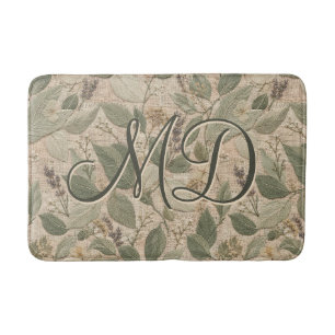 Rustic Sage Embroidered Floral Pattern Bath Mat