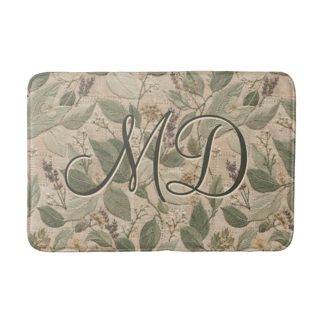 Rustic Sage Embroidered Floral Pattern Bath Mat (Front)