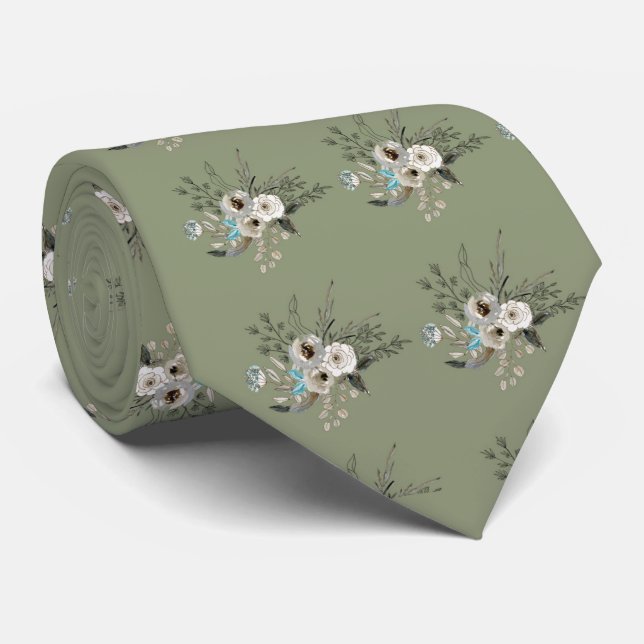 Rustic Sage floral wedding Neck Tie (Rolled)