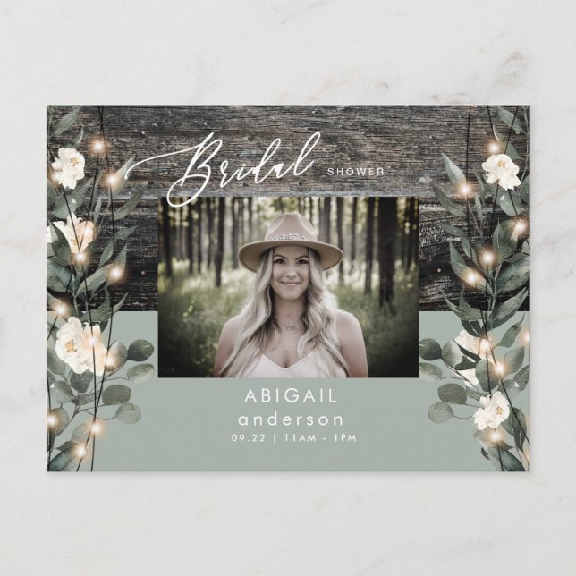 Rustic Sage Foliage Lights & White Floral  Invitation Postcard (Front)