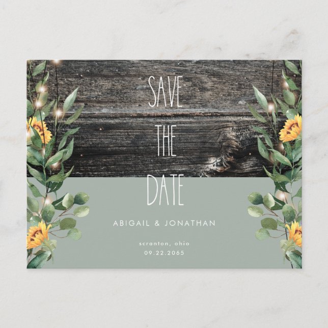 Rustic Sage Foliage Sunflower Save Date Invitation Postcard (Front)