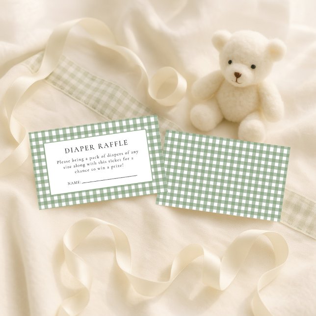 Rustic Sage Gingham Diaper Raffle Baby Shower  Enclosure Card (Front and back view)