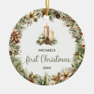 Rustic sage green and beige Christmas candles Ceramic Tree Decoration