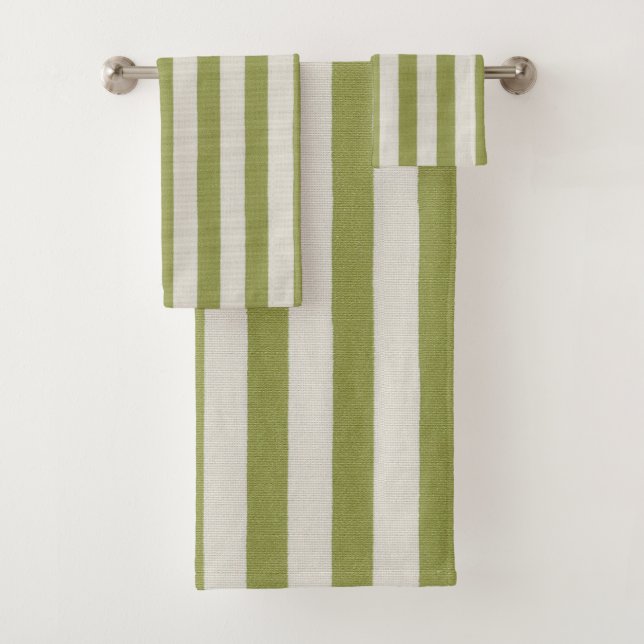 Rustic Sage Green and Cream Block Striped Bath Towel Set (Insitu)