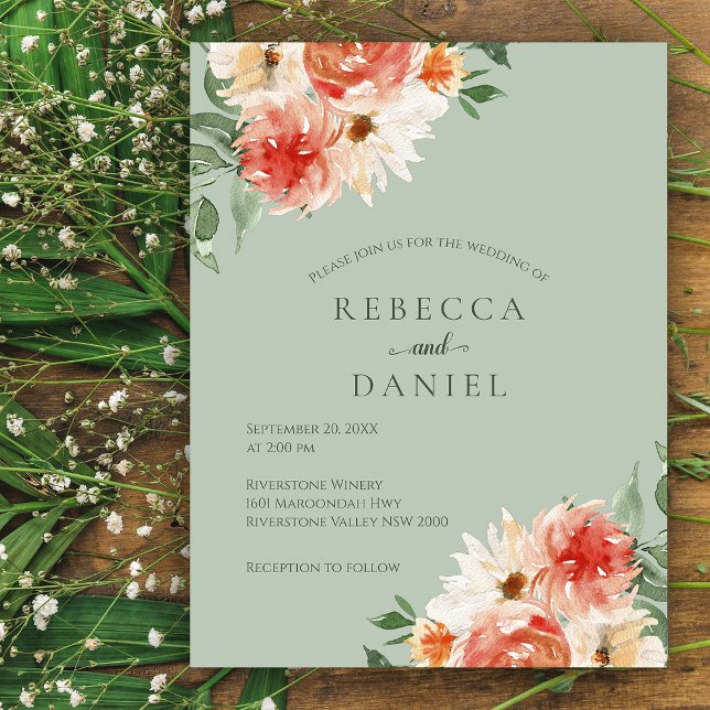 Rustic Sage Green and Orange Floral Boho Wedding Postcard (Creator Uploaded)