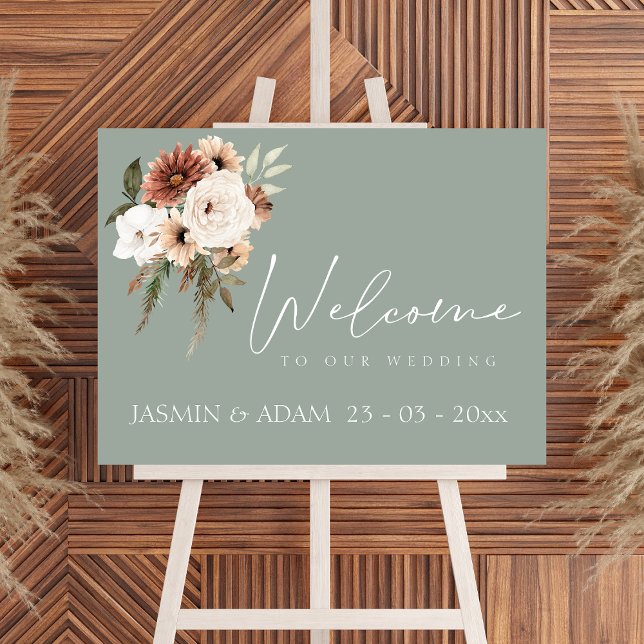 Rustic Sage Green and Peach Script Wedding Welcome Poster (Rustic Green Peach Floral Wedding Welcome Sign)